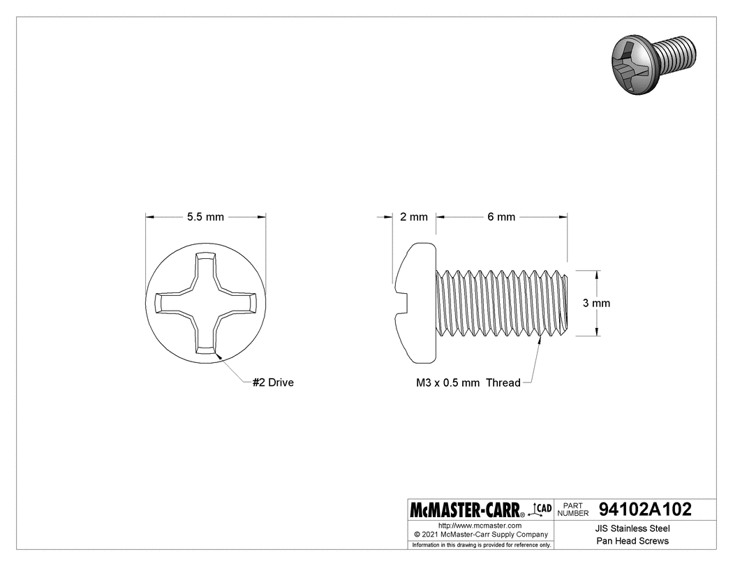 Technical Drawing of JIS Stainless Steel Pan Head Screws, M3 x 0.5 mm Thread, 6 mm Long.